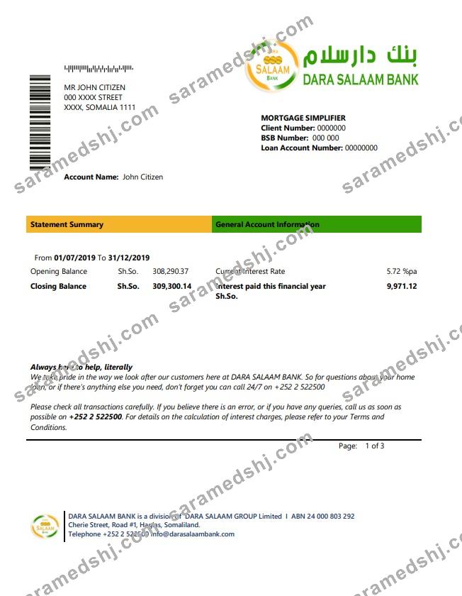 Somalia Dara Salaam Bank statement template in Word and PDF format, good for address prove
